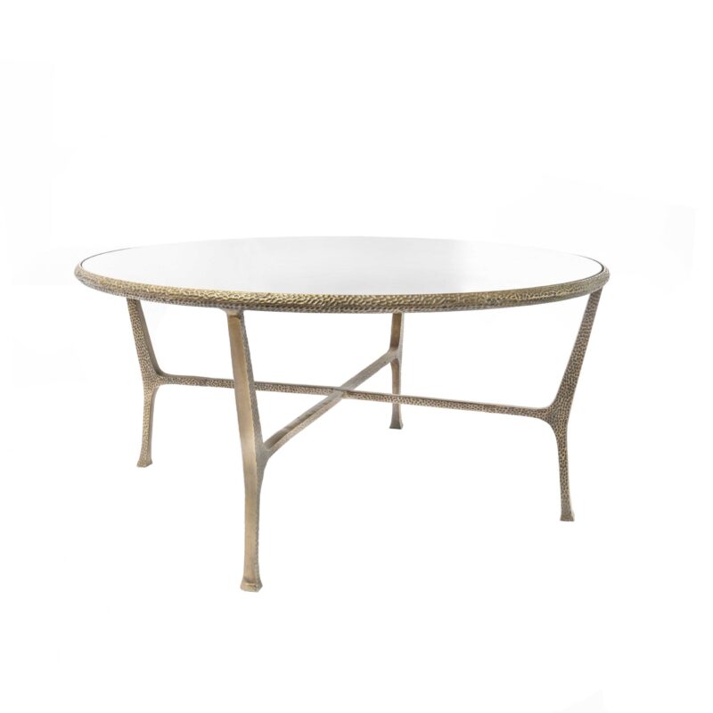 Mesa De Centro De Vidrio Negro Con Base De Metal Martillado Color Bronce