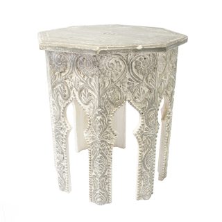 Mesa Lateral Jaipur Tallada A Mano En Madera De Mango