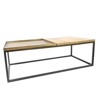 Mesa Centro Combinación De Madera Y Bandeja De Metal Sobre Base De Hierro Negra