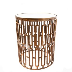 Mesa Lateral Tambor De Diseño Geométrica Color Cobre Y Tapa De Espejo