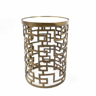 Mesa Lateral Tambor De Diseño Geométrica Color Bronce Y Tapa De Espejo