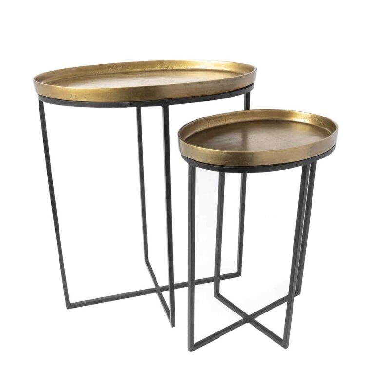 Mesa Lateral Estilo Nido En Dos Piezas Bandejas Doradas Y Pata En Cruz