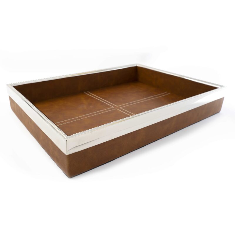 Bandeja Rectangular De Madera Recubierta En Cuero