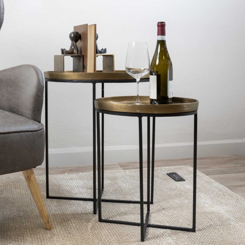 Mesa Lateral Estilo Nido En Dos Piezas Bandejas Doradas Y Pata En Cruz - Imagen 3