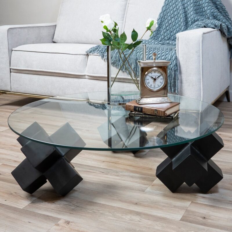 Mesa De Centro Con Tapa De Vidrio Sobre Tres Esculturas Geométricas - Imagen 2