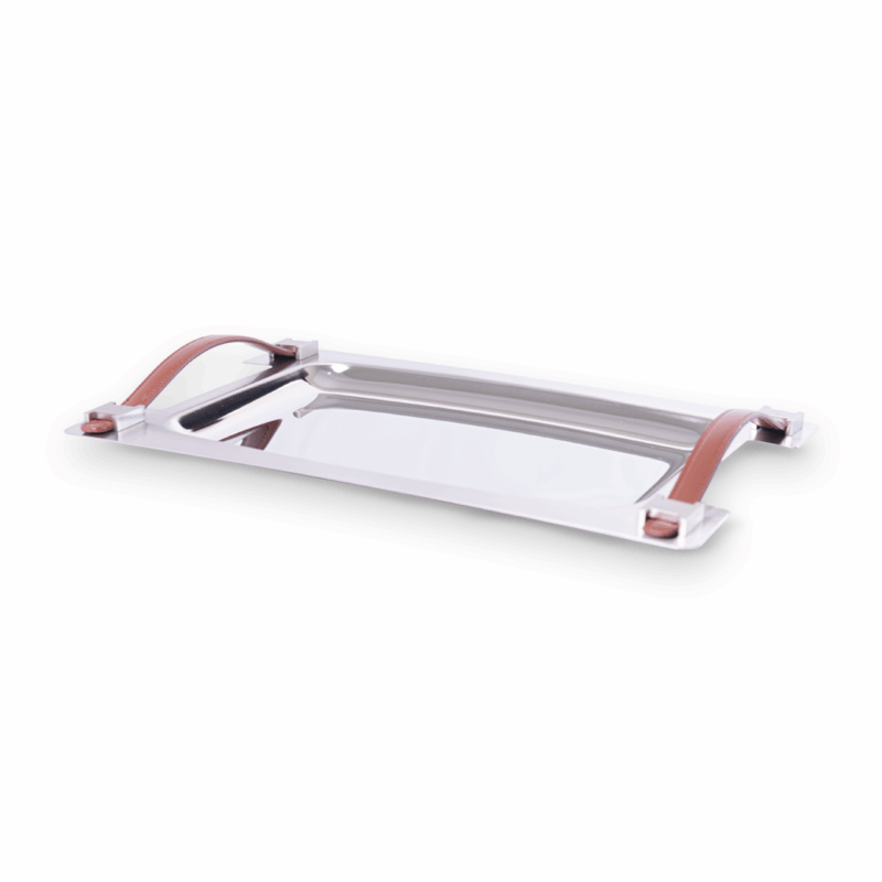 Bandeja rectangular inox con asa de cuero marrón