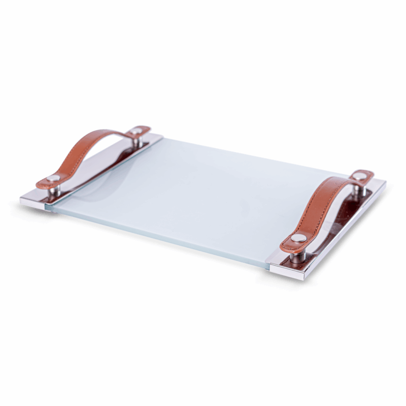 BANDEJA MANGO CUERO MARRON INOX 32x22cms